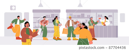 Queue in pharmacy, people at drug store counter 87704436