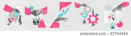 Contemporary art collage. Employees working together on business project, making profitable strategy 87704460