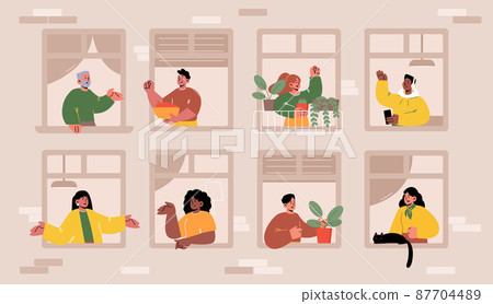 House facade with angry arguing people in windows 87704489