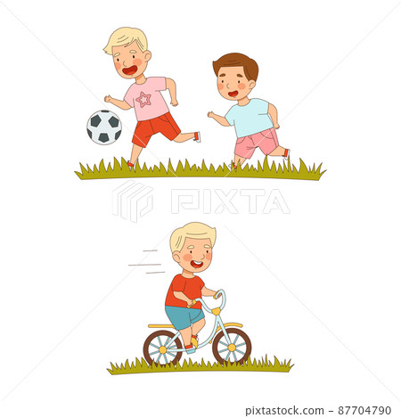 Kids summer activities set. Happy children playing ball and riding bike cartoon vector illustration 87704790