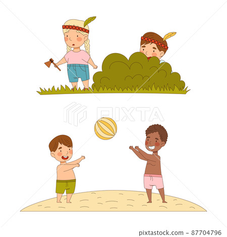 Kids summer activities set. Happy children playing outdoors cartoon vector illustration 87704796