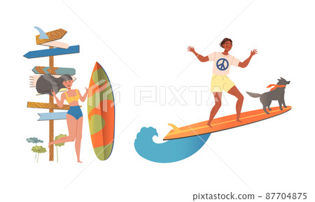 People with surfboards set. Surfers riding ocean or sea waves cartoon vector illustration People with surfboards set. Surfers riding ocean or sea waves cartoon vector illustration 87704875