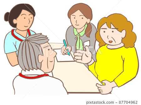 Discharge support conference Illustration of a woman with bipolar disorder, a psychiatrist, a nurse, and a mental health worker 87704962