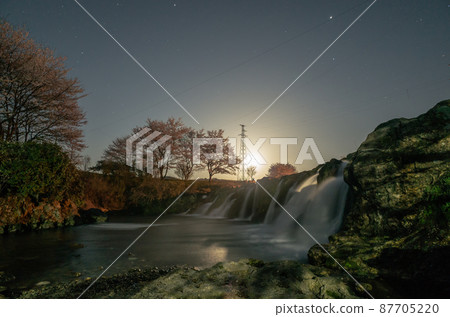 被月光照亮的夜櫻和瀑布 87705220