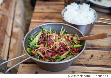 Horse meat yukhoe and rice camping rice Horse meat yukhoe and rice camping rice 87705541