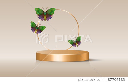 3d empty stage with gold round arch decorated with colorful butterflies, vector isolated on beige background. Showcase with blank podium and floral arrangement, commercial product display mockup 3d empty stage with gold round arch decorated with colorful butterflies, vector isolated on beige background. Showcase with blank podium and floral arrangement, commercial product display mockup 87706183