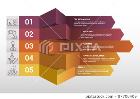 Infographic Business Training template. Icons in different colors. Include Online Training, Consulting, Potencial, Career Advancement and others. Infographic Business Training template. Icons in different colors. Include Online Training, Consulting, Potencial, Career Advancement and others. 87706409