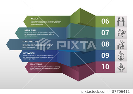 Infographic Business Management template. Icons in different colors. Include Leadership, Personal Development, Positive Psychology, Autonomy and others. 87706411