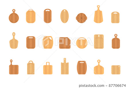 Set of wooden cutting boards. Kitchen tools of various shapes. Top view. Vector illustration in flat cartoon style Set of wooden cutting boards. Kitchen tools of various shapes. Top view. Vector illustration in flat cartoon style 87706674