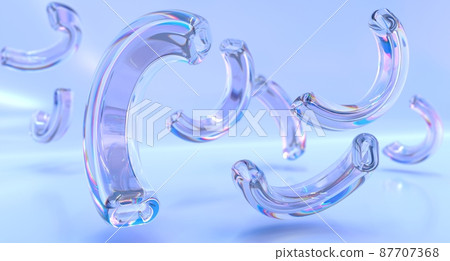 Flying abstract geometric shapes, transparent glass arc or wavy curvy tube, rainbow design element with effect dispersion on blue purple background, modern 3d wallpaper, holographic gradient texture 87707368