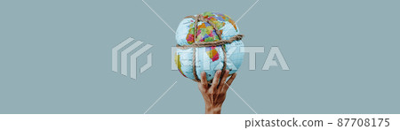 man holding a tied earth globe, web banner man holding a tied earth globe, web banner 87708175