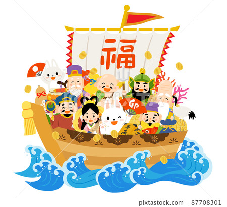 Seven Lucky Gods and Rabbit on a treasure ship 87708301