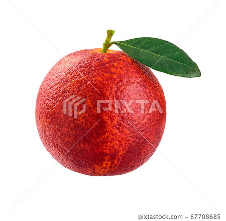 red sicilian orange with green leave isolated on white background. 87708685