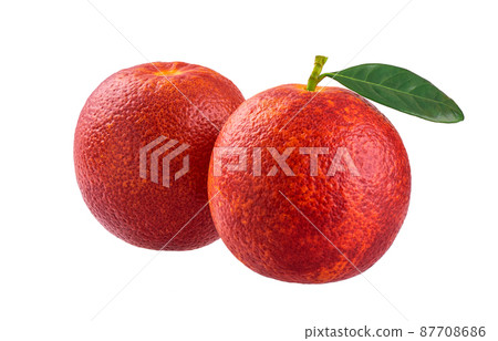 Two bloody red oranges isolated on white background clipping path, full depth of field. 87708686