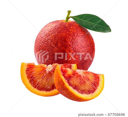 ripe red blood orange and quarters slices isolated on white background. 87708696
