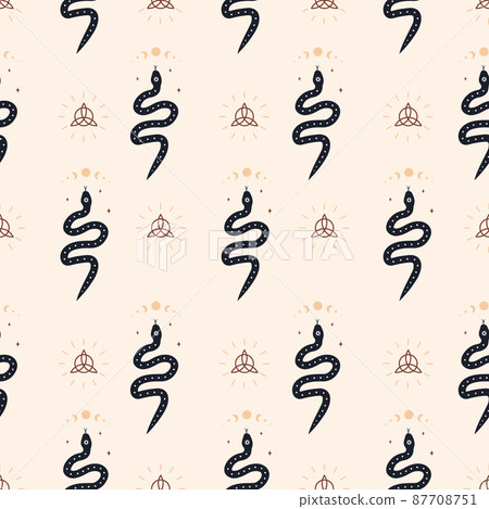 Seamless pattern with boho magic snake and moon. Mystical symbol in a trendy minimalist style. Esoteric vector illustration. Hand drawn bohemian fabric design or package paper Seamless pattern with boho magic snake and moon. Mystical symbol in a trendy minimalist style. Esoteric vector illustration. Hand drawn bohemian fabric design or package paper 87708751