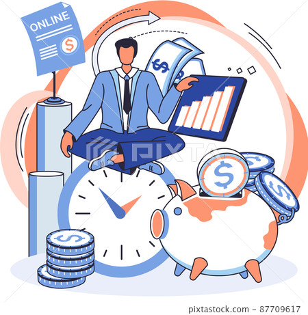 Saving account. Businessman manages investments and income. Bank account accumulation of funds Saving account. Businessman manages investments and income. Bank account accumulation of funds 87709617