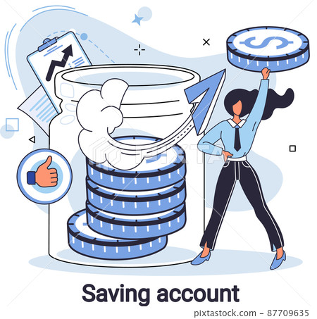 Saving account. Woman putting coin into jar piggy bank, accumulation of funds, wealth online banking Saving account. Woman putting coin into jar piggy bank, accumulation of funds, wealth online banking 87709635