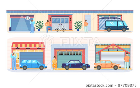 Gates with lifting mechanism, place for automobile, vehicle parking. Car near garage Gates with lifting mechanism, place for automobile, vehicle parking. Car near garage 87709873