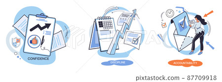 Personal quality concept vector illustrations set. Confidence, accountability and discipline. Creative metaphor 87709918