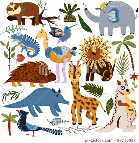 Set of jungle animals and exotic tropical leaves. African animals, parrots, hummingbirds, giraffes, sloths, elephants, kangaroos, ostriches and palm trees. Cute Animals safari. Vector illustration 87710087