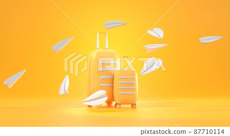 Yellow plastic suitcases with flying paper planes on orange background. Luggage bags for summer journey or vacation trip, dream of flight and sea beach holiday, realistic 3d render. Travel banner 87710114