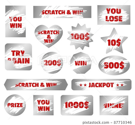 Silver scratchcard, scratch and win game, instant lottery tickets. Jackpot winner scratching cards, gambling ticket elements vector set 87710346