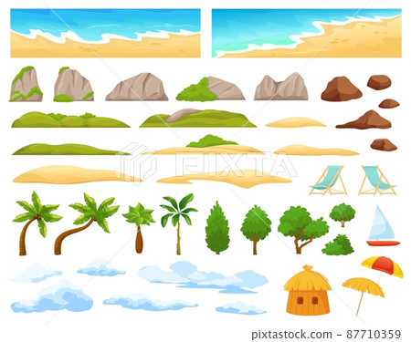 Beach landscape elements, ocean coast, palm trees, mountains. Cartoon tropical island scene constructor with sandy beach, clouds vector set Beach landscape elements, ocean coast, palm trees, mountains. Cartoon tropical island scene constructor with sandy beach, clouds vector set 87710359