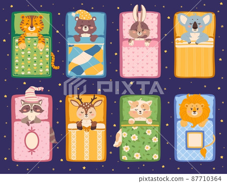 Cute baby animals sleeping in bed, sleepy animal characters. Cartoon bear, cat, bunny, tiger lying under cozy blanket and pillow vector set Cute baby animals sleeping in bed, sleepy animal characters. Cartoon bear, cat, bunny, tiger lying under cozy blanket and pillow vector set 87710364