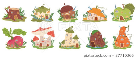 Cartoon garden gnome houses, cute fairytale dwarfs house. Fantasy forest elves buildings in shape of mushroom, pumpkin, apple vector set Cartoon garden gnome houses, cute fairytale dwarfs house. Fantasy forest elves buildings in shape of mushroom, pumpkin, apple vector set 87710366