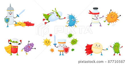 Cartoon superhero antibiotic pills fighting viruses and bacteria. Pill character with shield fight against virus, medicine mascots vector set Cartoon superhero antibiotic pills fighting viruses and bacteria. Pill character with shield fight against virus, medicine mascots vector set 87710387