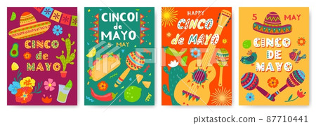 Cinco de mayo festival posters, mexican holiday celebration flyer. Mexico fiesta party invitations with sombrero, guitar, maracas vector set 87710441