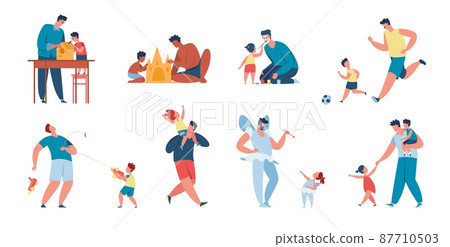 Father and child spending time together, fathers day, fatherhood. Happy kids with dads playing or having fun, dad and son activity vector set Father and child spending time together, fathers day, fatherhood. Happy kids with dads playing or having fun, dad and son activity vector set 87710503