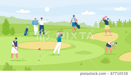 People playing golf on course, professional golfers with clubs. Men and women golfer characters on field, golf competition vector illustration 87710538