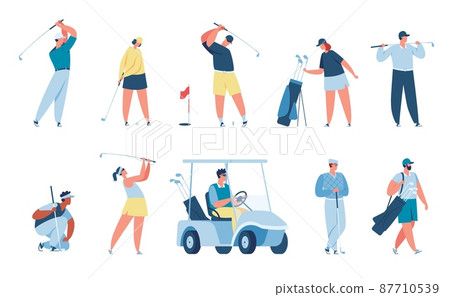 People playing golf, golfer characters with golfing equipment. Men and women golfers hitting ball, driving cart, sport activity vector set People playing golf, golfer characters with golfing equipment. Men and women golfers hitting ball, driving cart, sport activity vector set 87710539