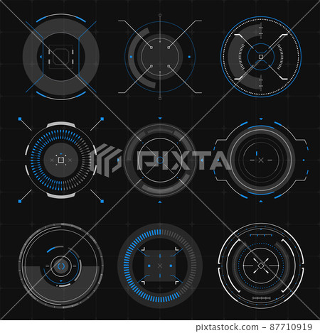 Futuristic optical aim, HUD compass, collimator sight, targets focus, military aim system, pointers, targets infographic elements. Sci Fi user interface. Elements of HUD game navigation Futuristic optical aim, HUD compass, collimator sight, targets focus, military aim system, pointers, targets infographic elements. Sci Fi user interface. Elements of HUD game navigation 87710919