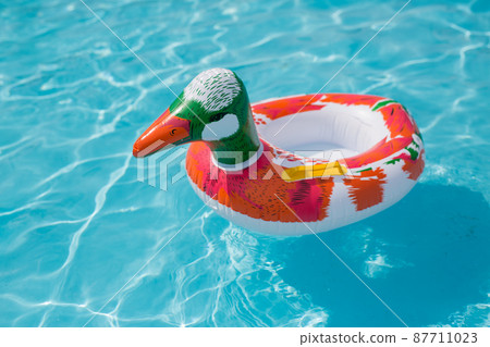 Duck, inflatable ring. Rubber swimming ring on water. Duck swim tube in water 87711023