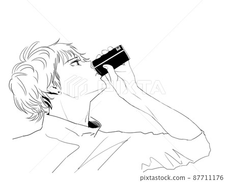 Illustration of a man drinking canned coffee 87711176
