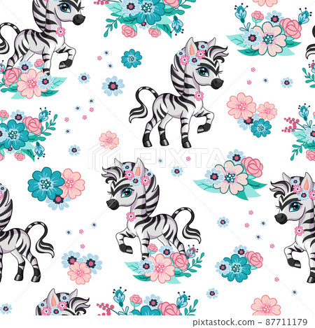 Seamless vector pattern with cute zebra and... - Stock Illustration ...