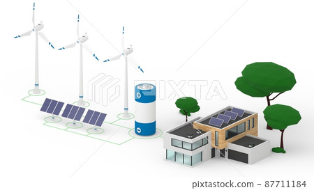 Isometric 3d render of network made of wind turbines, solar panels, battery and house Isometric 3d render of network made of wind turbines, solar panels, battery and house 87711184