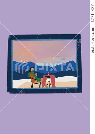 View through the window on the mountain landscape and woman sitting by the table and enjoying nature View through the window on the mountain landscape and woman sitting by the table and enjoying nature 87712427
