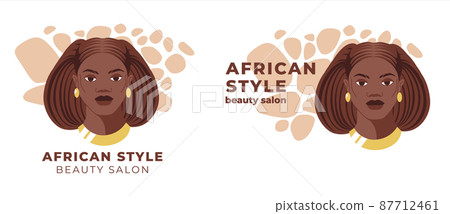 Beauty salon logo and identity. Flat vector illustration of black women face. Great for avatars, beauty salons, traditional curly hairstyles of African American women. Beauty salon logo and identity. Flat vector illustration of black women face. Great for avatars, beauty salons, traditional curly hairstyles of African American women. 87712461