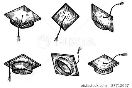 Set graduate hats sketch isolated. Vintage element education in hand drawn style. 87712667