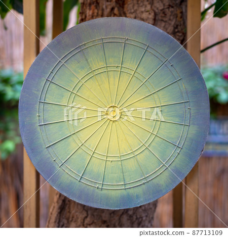 Dartboard game board painted in green, yellow and blue hanged on tree in blurred background 87713109