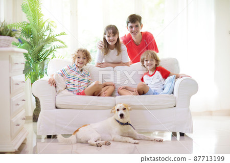 Kids play and watch tv on couch. Child at home. 87713199