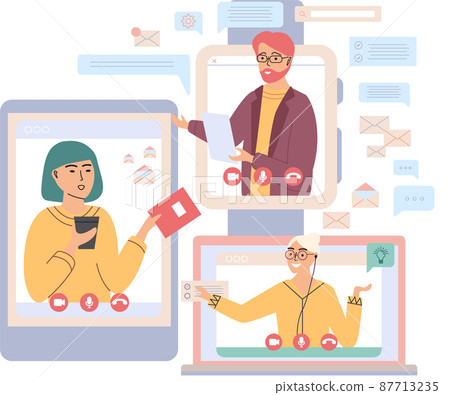 Virtual meeting, online teamwork. Computer with group of colleagues taking part in video conference 87713235