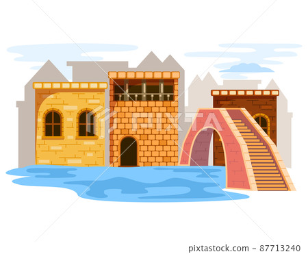 Urban medieval landscape. Stone fortress near bridge over river. Castle on water with towers Urban medieval landscape. Stone fortress near bridge over river. Castle on water with towers 87713240
