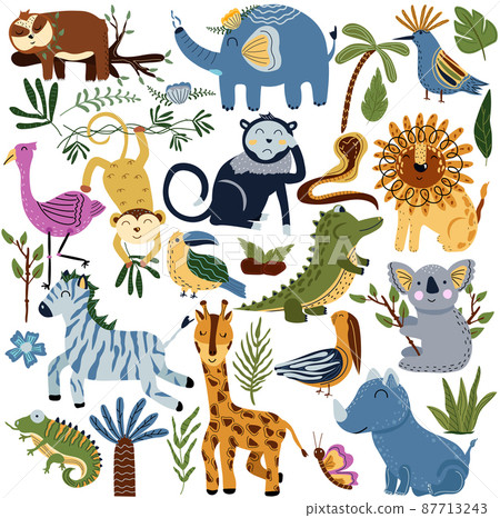 Set of jungle animals and exotic tropical leaves. African animals, sloth, bird, elephant, koala, giraffe, flamingo, rhino, crocodile, monkey and palm trees. Cute animals. Vector 87713243