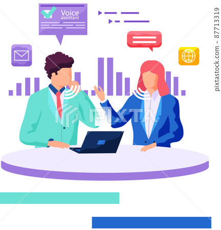 Smart speaker with virtual voice assistant concept people sitting with laptop make sound record Smart speaker with virtual voice assistant concept people sitting with laptop make sound record 87713319