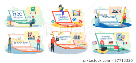 Online education concept. Home schooling. Man student working on laptop with learning platform Online education concept. Home schooling. Man student working on laptop with learning platform 87713320